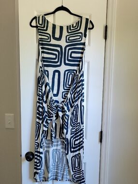 Navy and White Geometric High-Low Dress with Tie Front